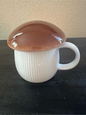 Cost Plus World Market White Ribbed Mug with Brown Mushroom Lid